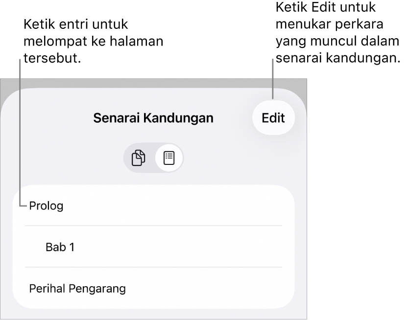 Paparan senarai kandungan dengan pengepala dalam senarai. Butang Edit berada di penjuru kanan atas dan di bahagian bawah adalah butang Imej Kecil Halaman dan Senarai Kandungan.