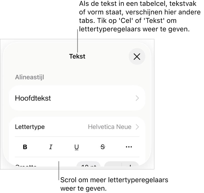Tekstregelaars in het opmaakmenu voor het instellen van alinea- en tekenstijl, lettertype, lettergrootte en kleur.