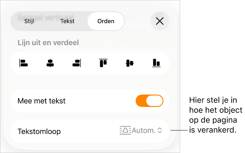De ordenfuncties met 'Mee met tekst' en 'Tekstomloop'.