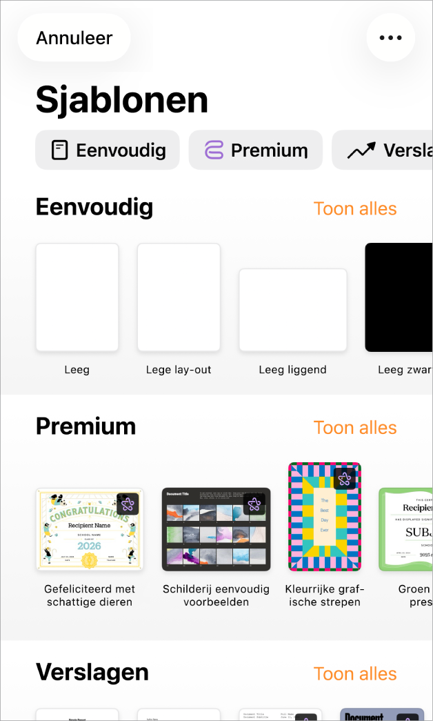 De sjabloonkiezer met bovenin een rij met categorieën waarmee je de beschikbare sjablonen kunt filteren. Daaronder staan miniaturen van vooraf gedefinieerde sjablonen die per categorie zijn gerangschikt. Bovenin staat de categorie 'Nieuw' en daaronder 'Recent' en 'Eenvoudig'. Boven elke categorie staat de knop 'Toon alles' (aan de rechterkant). De knop voor de taal en de regio bevindt zich in de rechterbovenhoek.