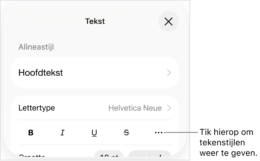 De opmaakregelaars met knoppen voor 'Vet', 'Cursief', 'Onderstreept', 'Doorgehaald' en de knop voor meer tekstopties.