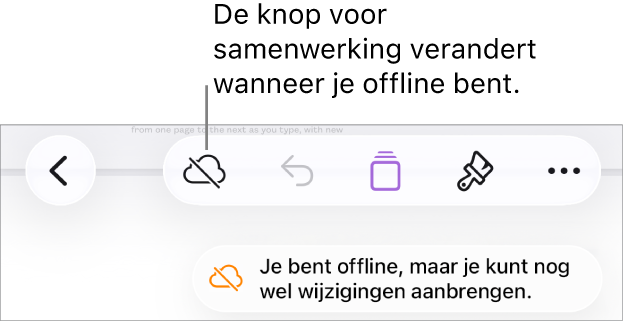 De knoppen boven in het scherm, met de knop voor samenwerking die is veranderd in een wolk met een schuine streep. De volgende melding staat op het scherm: 'Je bent offline, maar je kunt nog wel wijzigingen aanbrengen.'