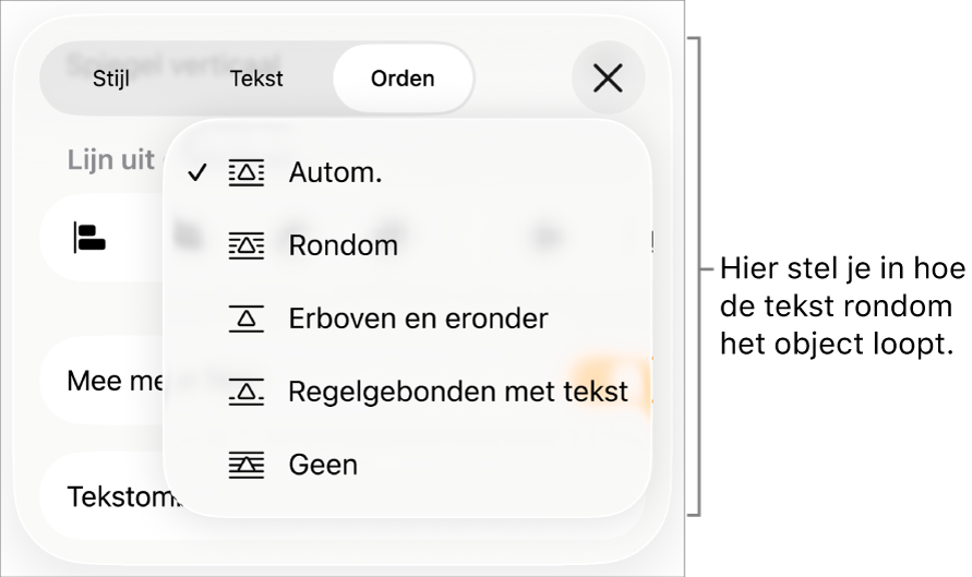 De regelaars voor tekstomloop met instellingen voor 'Automatisch', 'Rondom', 'Erboven en eronder', 'Regelgebonden met tekst' en 'Geen'.