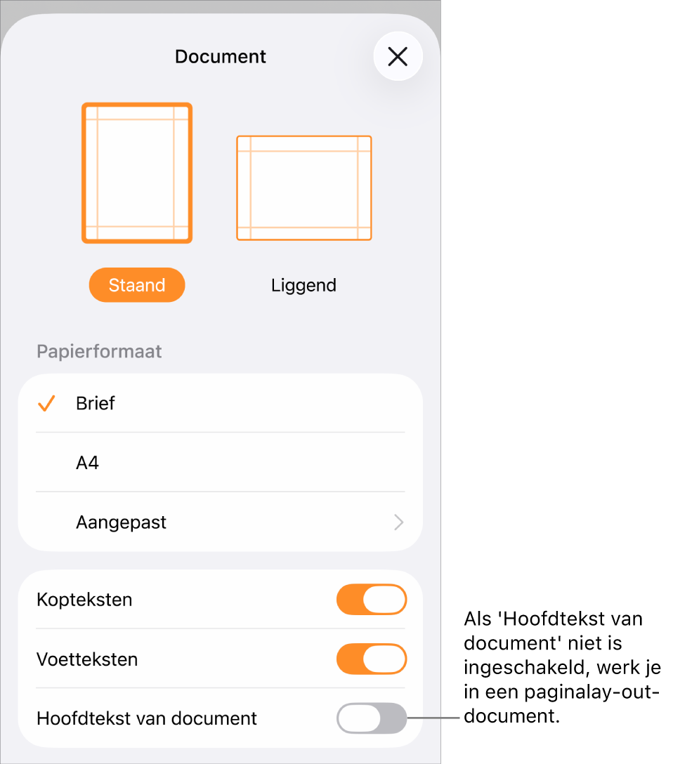 Het paneel 'Documentontwerp' met 'Hoofdtekst van document' uitgeschakeld in een paginalay-outdocument.