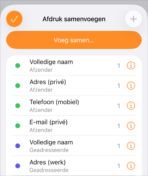 De lijst met gebruikte samenvoegvelden in het menu 'Afdruk samenvoegen'.