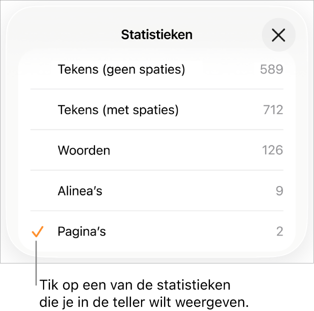 Het menu 'Statistieken' met daarin opties voor het weergeven van het aantal tekens zonder en met spaties, het aantal woorden, het aantal alinea's en het aantal pagina's.