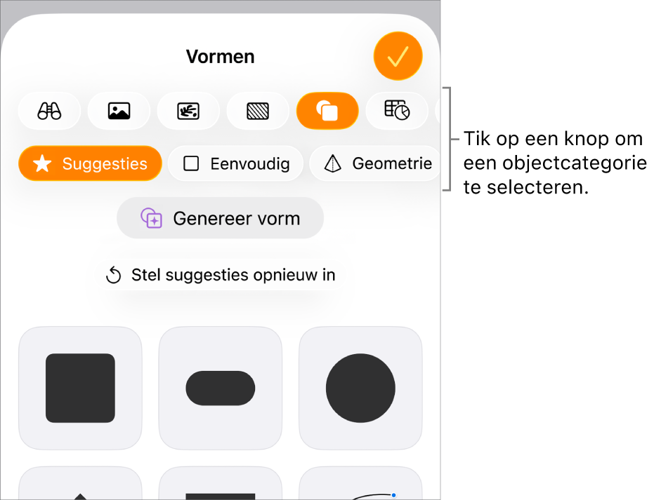 De regelaars waarmee je een object toevoegt, met bovenaan knoppen waarmee je tabellen, diagrammen, vormen (waaronder lijnen en tekstvakken) en media kiest.