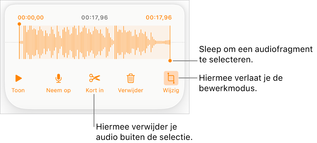Regelaars voor het bewerken van audio-opnamen. Selectiegrepen geven aan welk gedeelte van de opname geselecteerd is. Eronder staan knoppen voor beluisteren, opnemen, inkorten, verwijderen en bewerken.