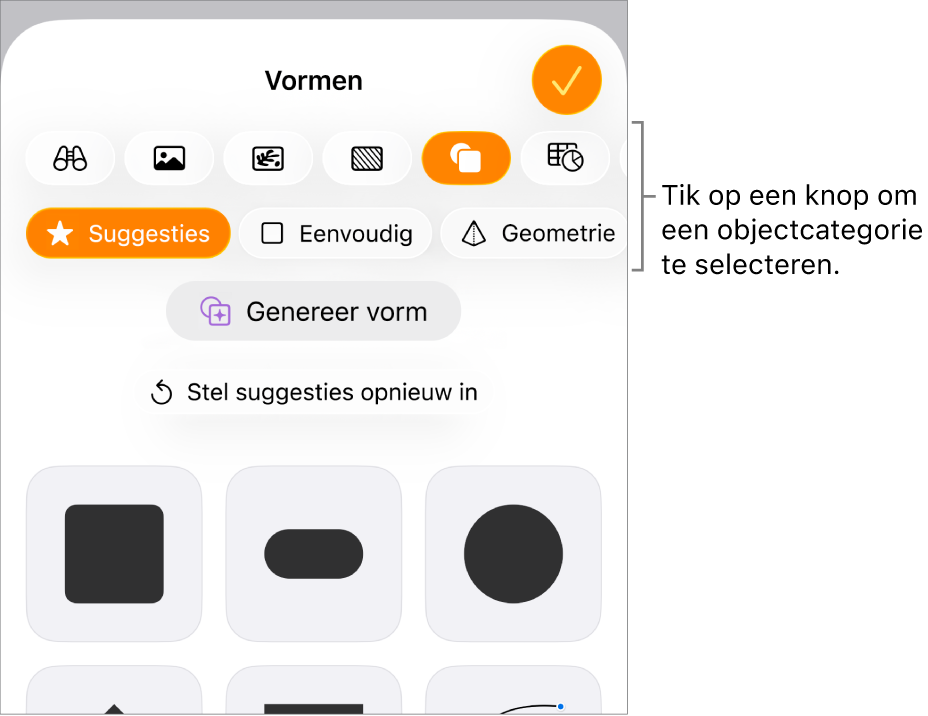 De invoegregelaars met bovenin knoppen voor het toevoegen van tabellen, diagrammen, tekst, vormen en media.
