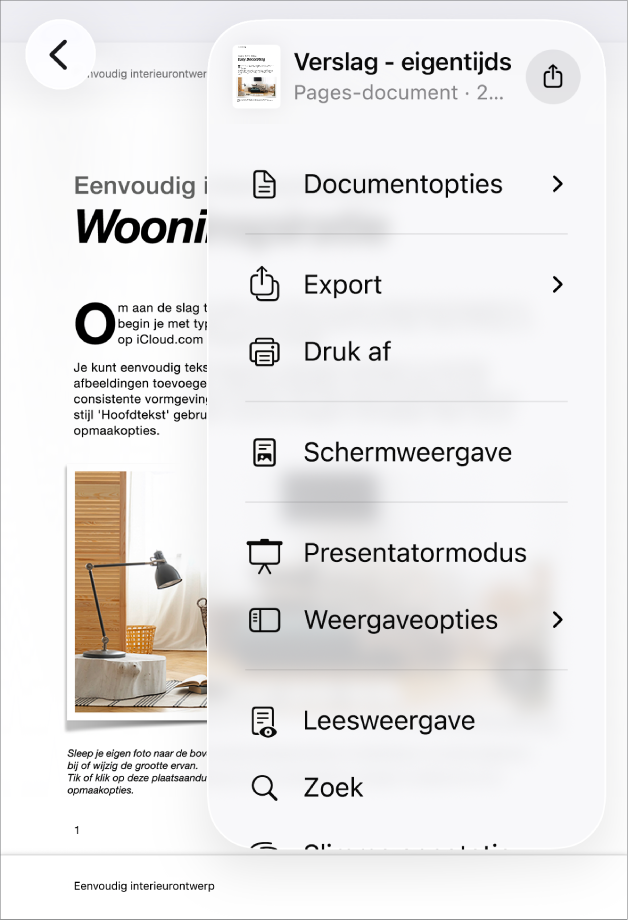 Het Deel-menu met verzendopties bovenaan en daaronder de opties 'Kopieer', 'Exporteer en verstuur', 'Druk af', 'Nieuwe snelle notitie', 'Voeg tags toe' en 'Bewaar in Bestanden'.