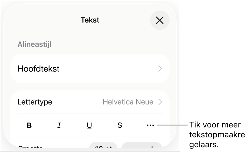 Het tabblad 'Tekst' in de opmaakregelaars met uitleg bij de knop voor meer tekstopties.