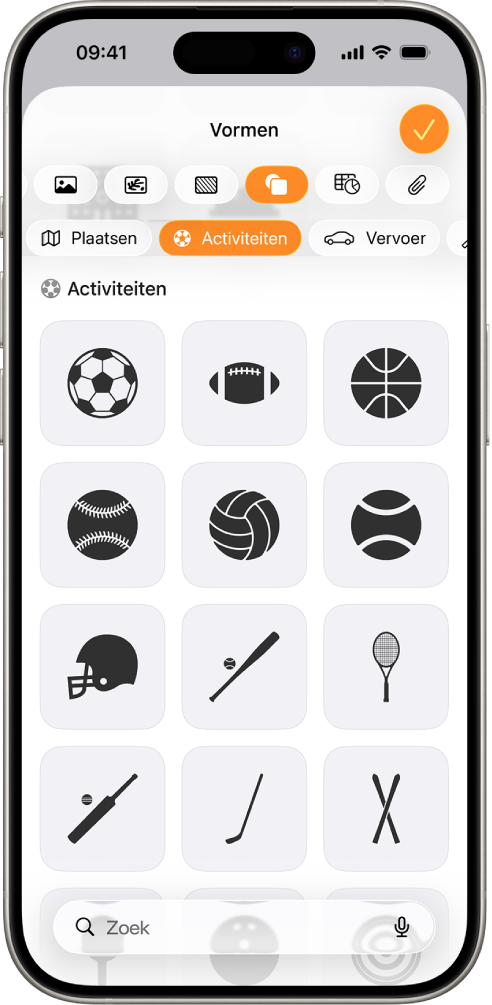 Het Voeg in-menu met bovenaan knoppen voor het toevoegen van tabellen, diagrammen, vormen en media. De vormenknop is geselecteerd en in het bijbehorende menu wordt een rij categorieën weergegeven met aan de linkerkant een zoekknop. De categorie 'Activiteiten' is geselecteerd en eronder staan vormen.