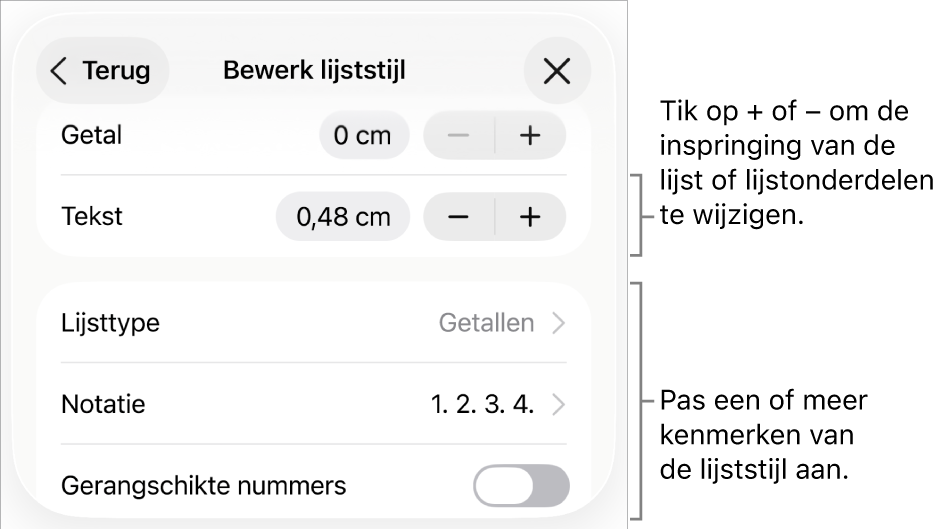 Het menu 'Bewerk lijststijl' met regelaars voor de ruimte van de inspringing, het lijsttype en de notatie, gerangschikte nummers en de regelafstand.