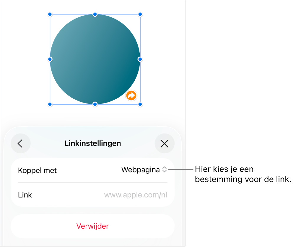 De regelaars voor linkinstellingen. 'Webpagina' is geselecteerd en onderaan staat de knop 'Verwijder'.
