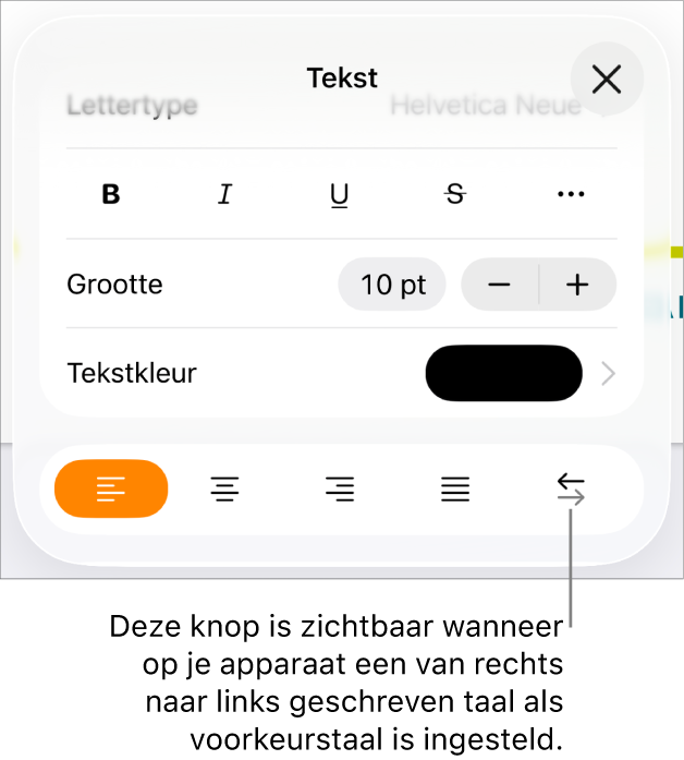 Tekstregelaars in het opmaakmenu met uitleg bij de knop voor rechts naar links.