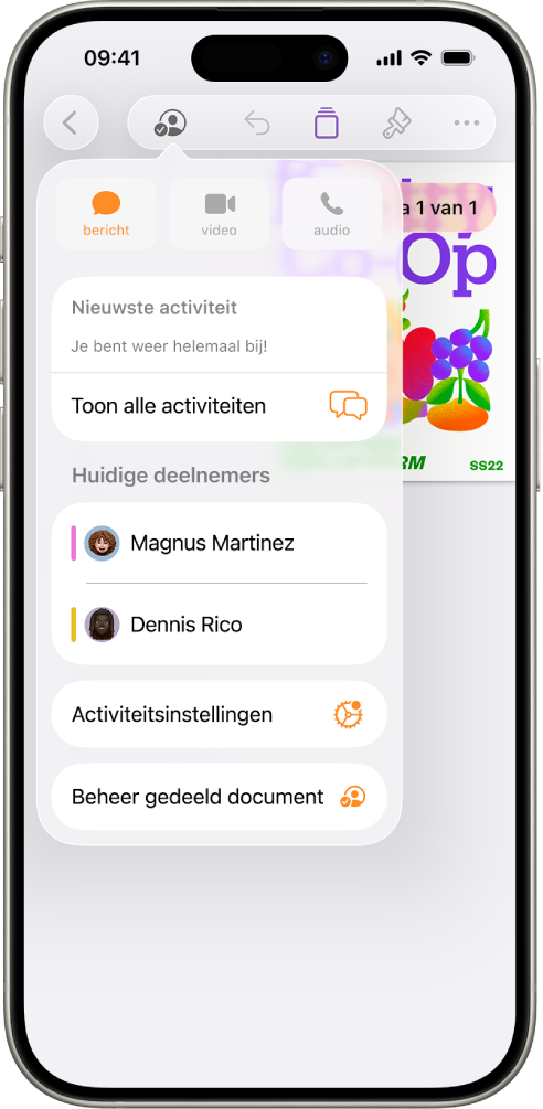 Het samenwerkingsmenu met daarin de namen van mensen die samen aan het document werken.