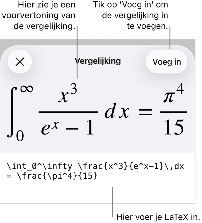 Het venster 'Vergelijking' met daarin een vergelijking die geschreven is met LaTeX-commando's en erboven een voorvertoning van de formule.