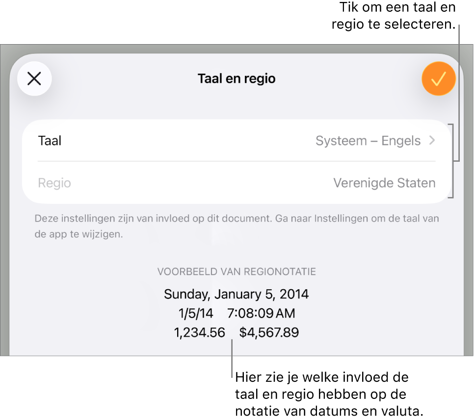 Paneel met regelaars voor de taal en regio en een voorbeeld van de notatie van datum, tijd, decimaalteken en valuta.