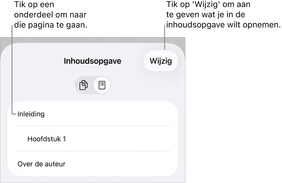 De inhoudsopgave met koppen in een lijst. Rechtsboven staat de knop 'Wijzig' en onderin staan de knoppen 'Paginaminiaturen' en 'Inhoudsopgave'.