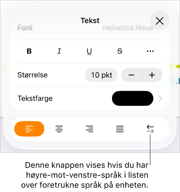 Tekstkontroller i Format-menyen med en bildeforklaring som peker på Høyre til venstre-knappen.