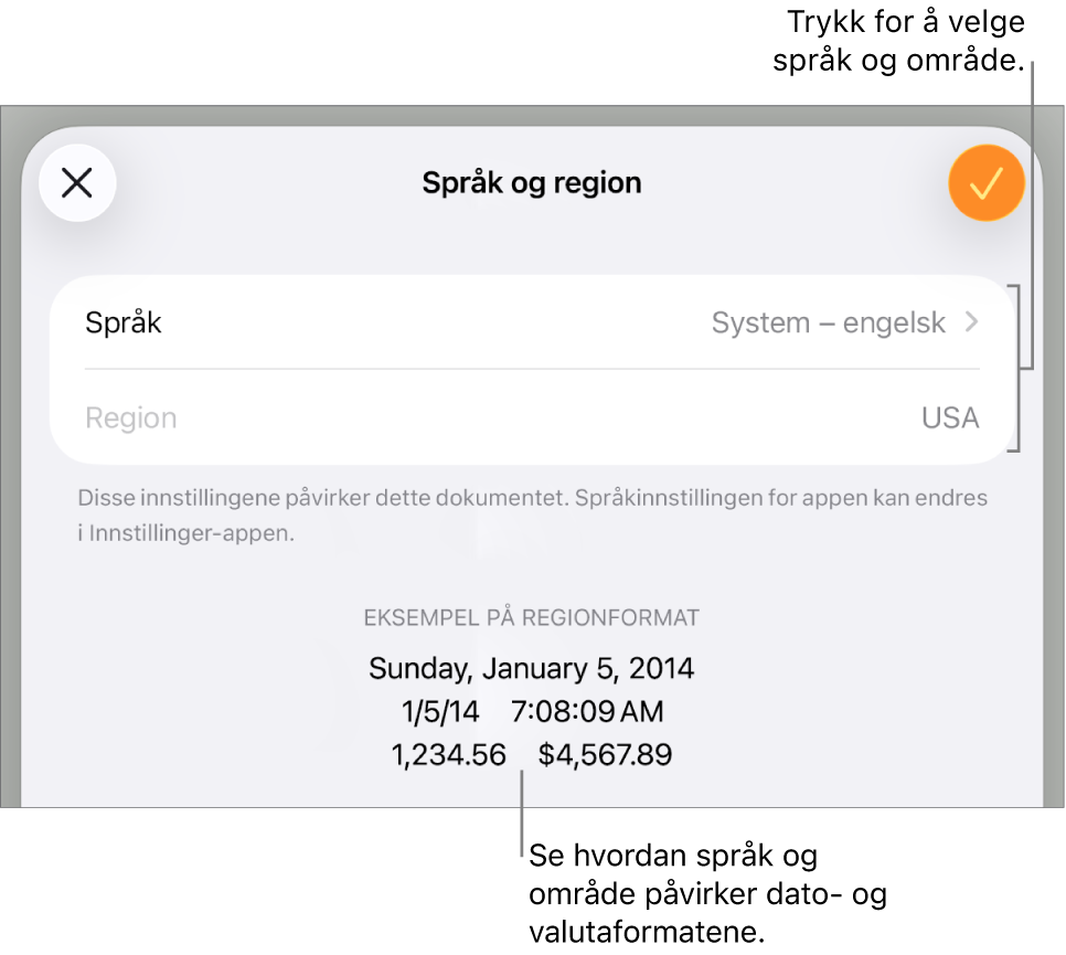 Språk og region-panelet med kontroller for språk og region, og et formateksempel med dato, klokkeslett, desimaler og valuta.