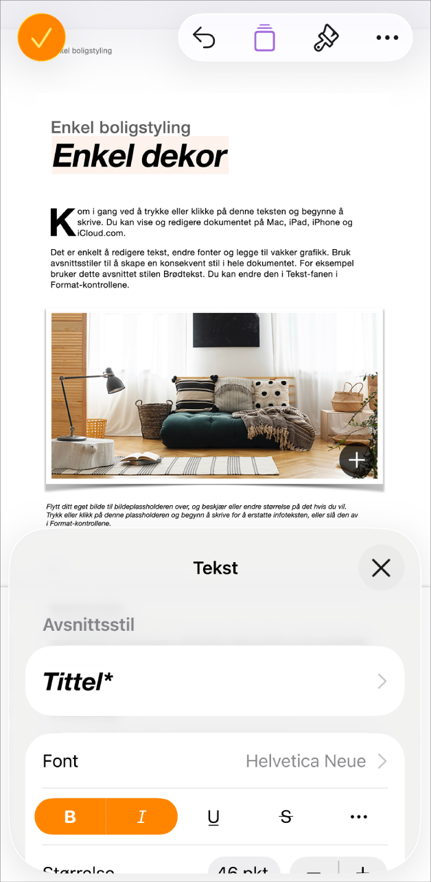 Tekst er markert i et åpent dokument og tekstvalg vises nederst.