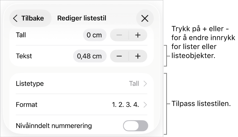 Rediger listestil-meny med kontroller for innrykk, listetype og -format, nivåinndelt nummerering og linjeavstand.