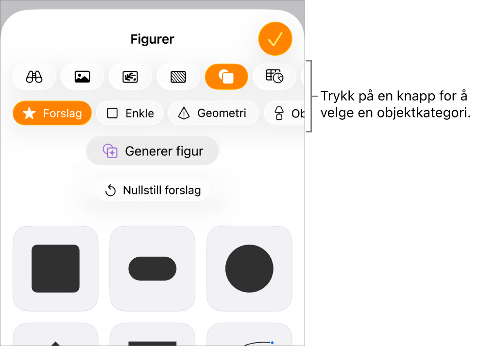 Kontrollene for å legge til et objekt, med knapper øverst for velge tabeller, diagrammer, figurer (inkludert og tekstruter) og medier.