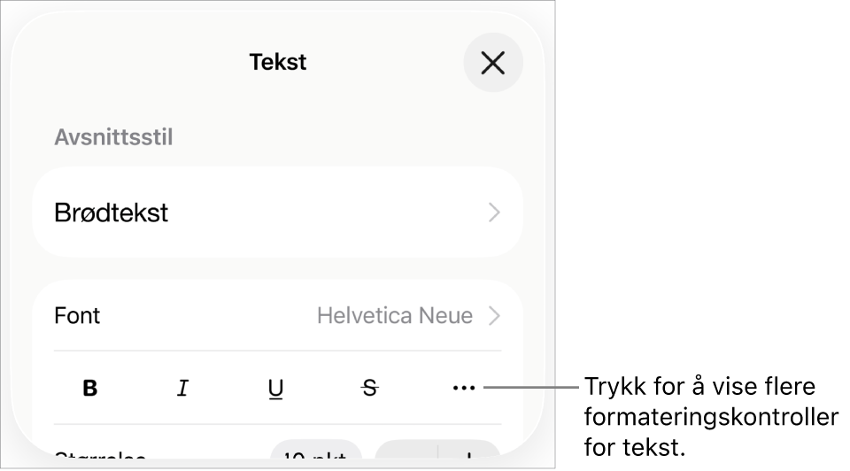 Tekst-fanen i Format-kontrollene, med en bildeforklaring til Flere tekstvalg-knappen.