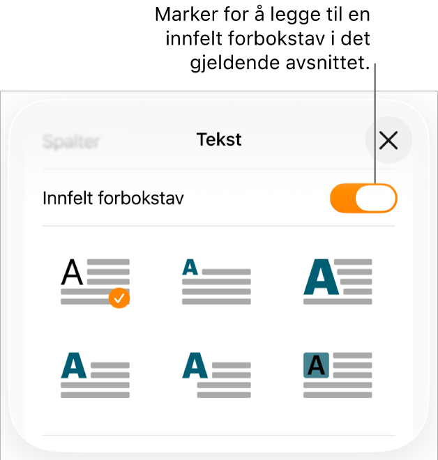 Innfelt forbokstav-kontrollene vises i Tekst-menyen.