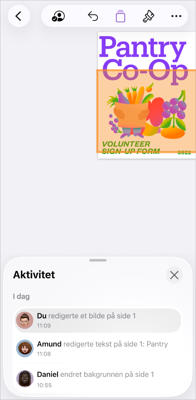 Samarbeidsmenyen, som viser gjeldende deltakere.