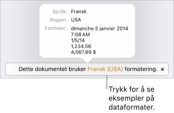 Varsling som viser en annen språk- og regionsinnstilling, med eksempler på formatering for det språket og den regionen.