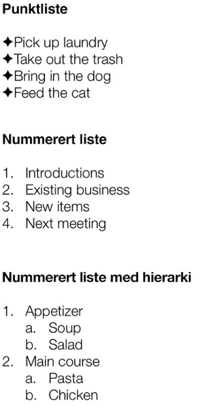 Eksempler på punktlister, ordnede lister og hierarkiske lister.