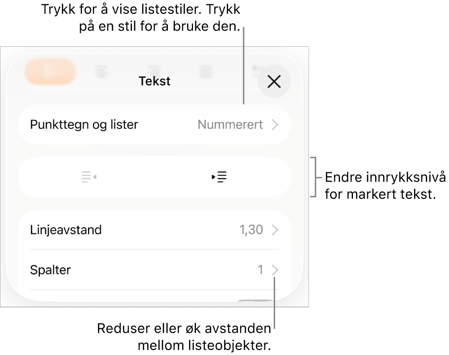 Punkttegn og lister-delen i Format-kontroller med bildeforklaringer for Punkttegn og lister, utrykk- og innrykk-knapper og linjeavstandskontroller.