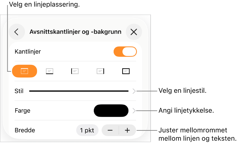 Kontroller for å endre stil, tykkelse, plassering og farge for linjen.