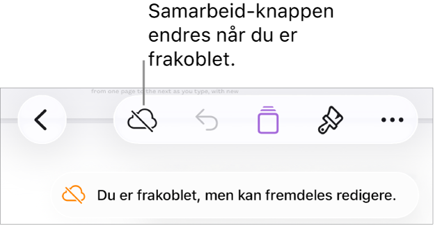 Knappene øverst på skjermen, med Samarbeid-knappen endret til en sky med en diagonal linje gjennom. I et varsel på skjermen står det: «Du er frakoblet, men kan fremdeles redigere.»
