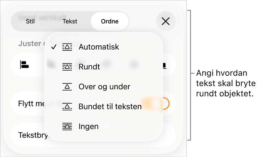 Tekstbryting-kontrollene viser innstillinger for Automatisk, Rundt, Over og under, Bundet til teksten og Ingen.
