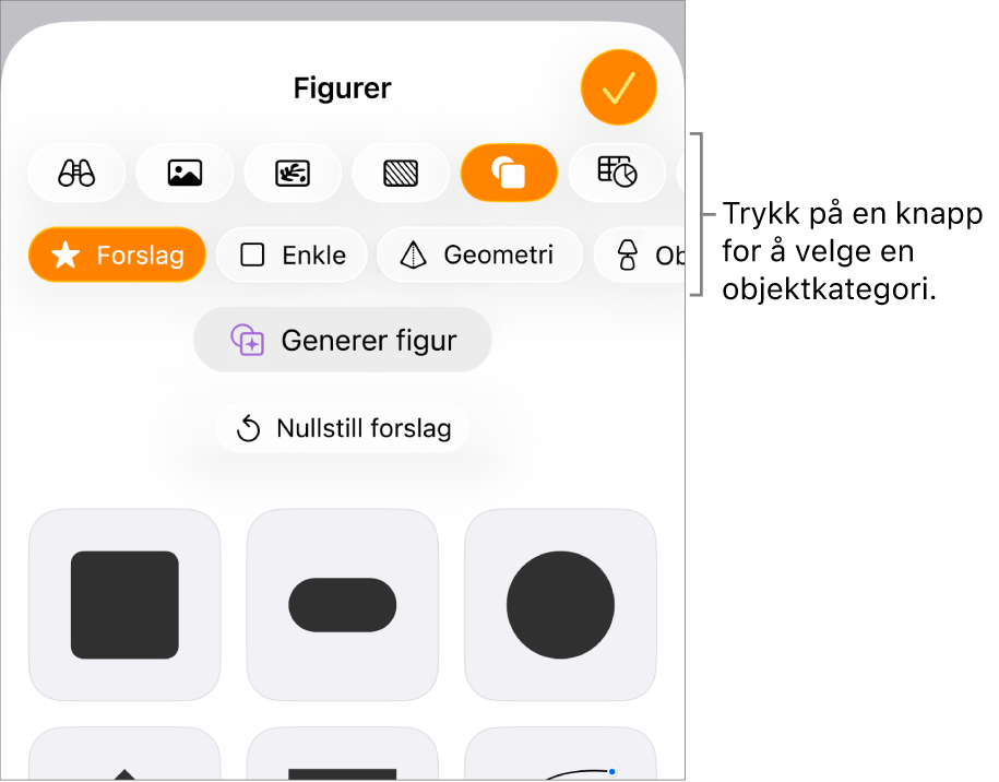 Sett inn-kontrollene åpne, med knapper for å legge til tabeller, diagrammer, tekst, figurer og medier.