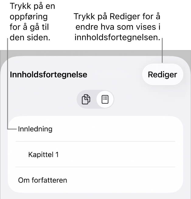 Innholdsfortegnelsesvisningen, med overskrifter i en liste. En Rediger-knapp er øverst til høyre, og nederst er Sideminiatyr- og Innholdsfortegnelse-knappene.