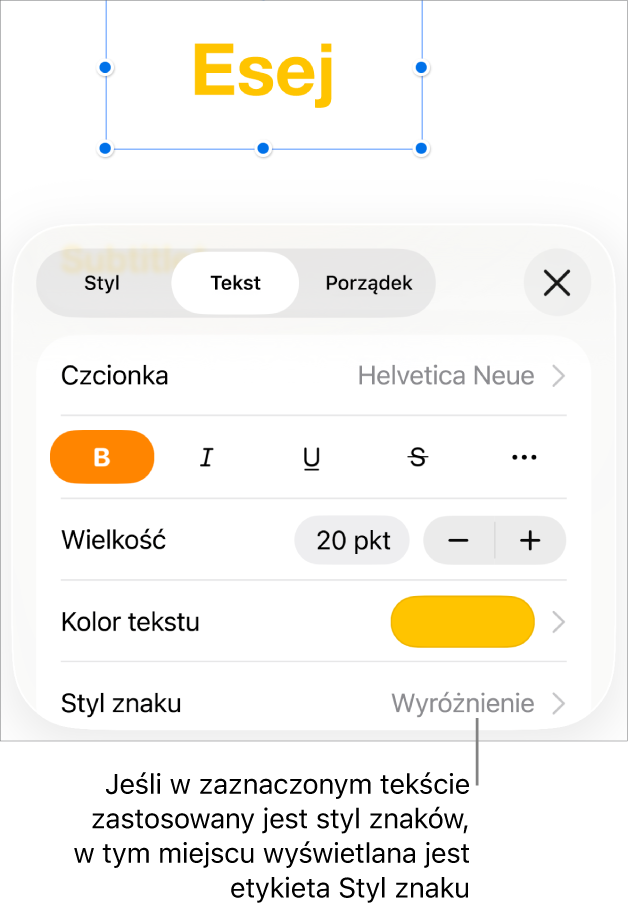 Narzędzia formatowania tekstu oraz menu stylów znaków widoczne poniżej narzędzi koloru. Styl znaków Brak wyświetlany jest z gwiazdką.