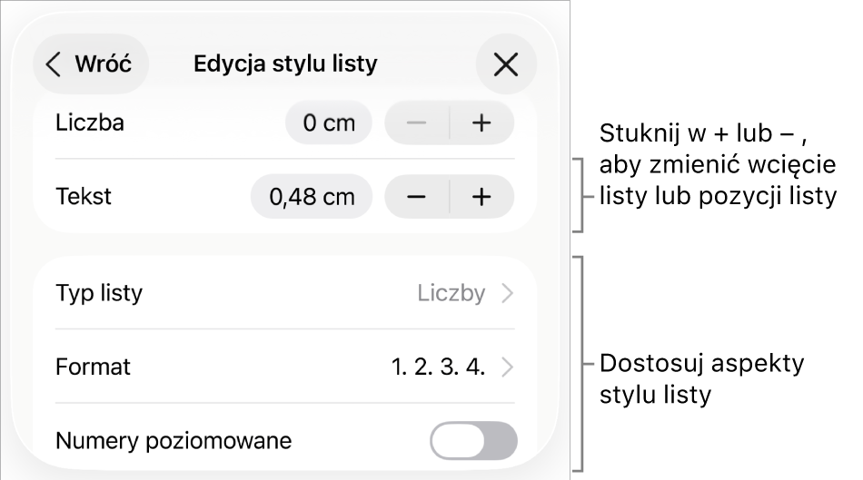 Menu Edycja stylu listy z narzędziami sterującymi wielkością wcięcia, typem i formatem listy, numeracją poziomowaną oraz odstępami między wierszami.
