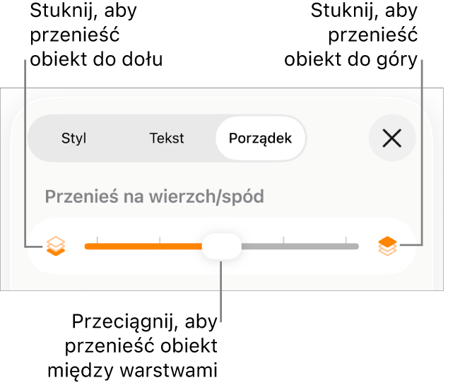 Przycisk przenoszenia niżej, przycisk przenoszenia wyżej i suwak warstw.