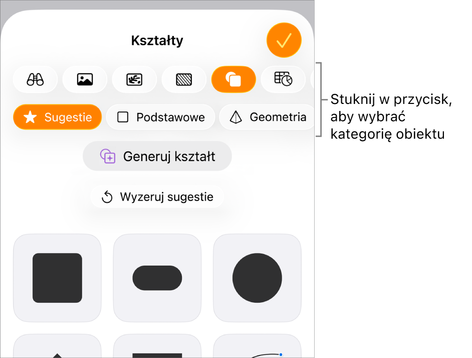 Narzędzia do dodawania obiektu, na górze widoczne są przyciski pozwalające wybrać tabele, wykresy, kształty (w tym linie i pola tekstowe) oraz multimedia.
