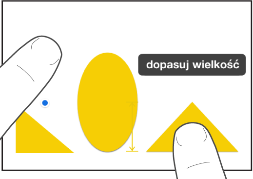 Jeden palec uniesiony nad kształtem, a drugi dotykający obiektu. Na ekranie widoczna jest etykieta „dopasuj wielkość”.