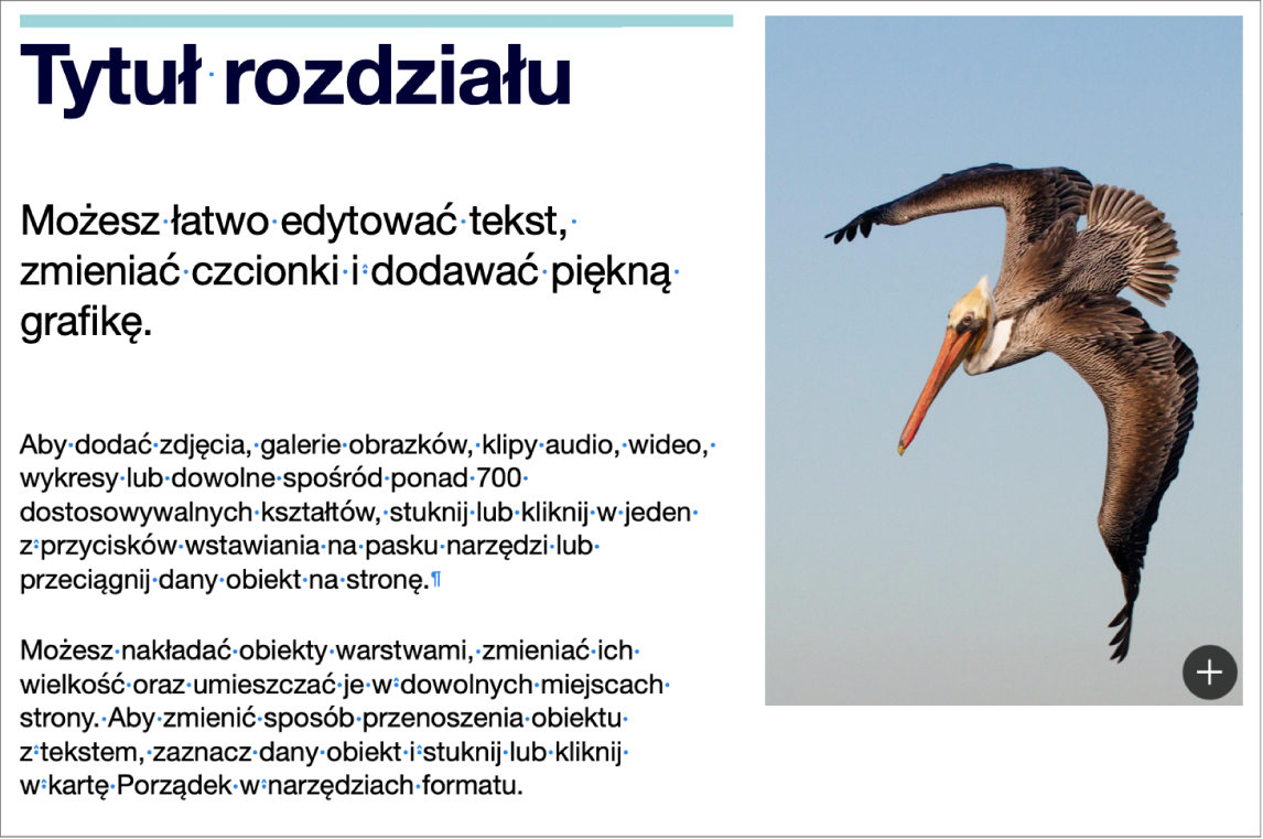 Tekst z symbolami końca akapitu i końca sekcji.