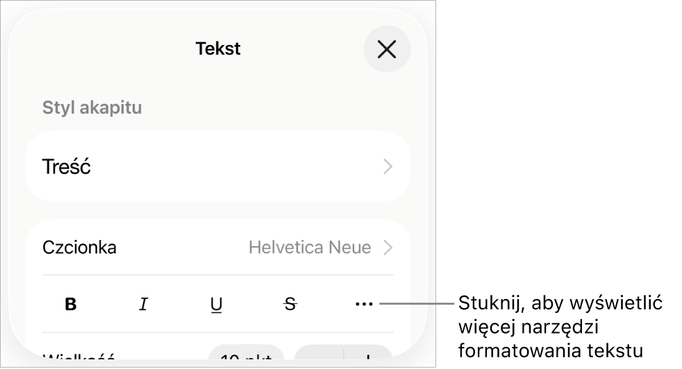 Karta Tekst w narzędziach formatowania ze wskazanym przyciskiem Więcej opcji tekstu.