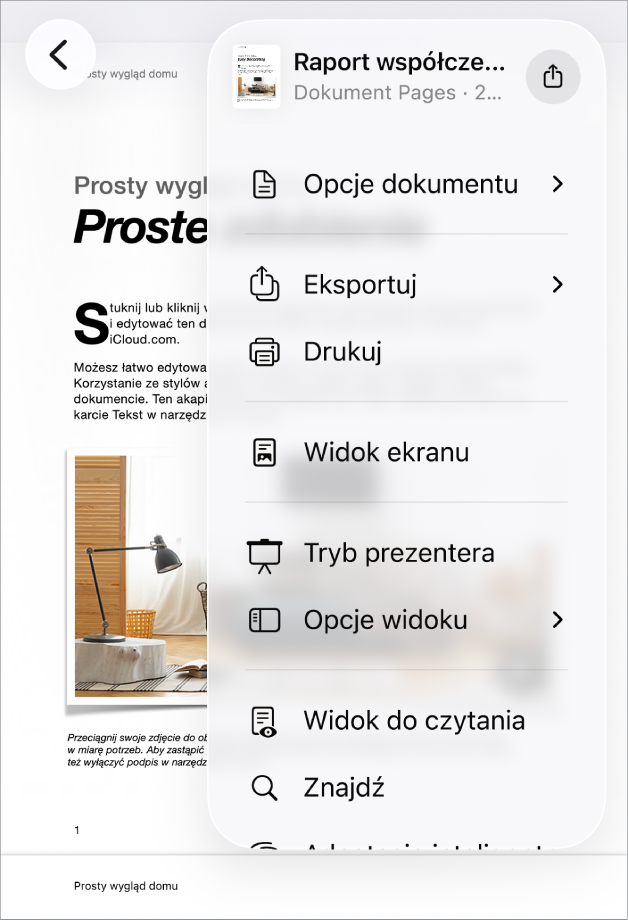 Otwarte menu Udostępnij z opcjami wysyłania na górze oraz opcjami Kopiuj, Eksportuj i wyślij, Drukuj, Nowa szybka notatka, Dodaj tagi i Zachowaj w Plikach.
