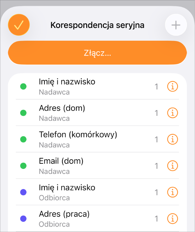 Lista wystąpień pól korespondencji seryjnej w menu Korespondencja seryjna.