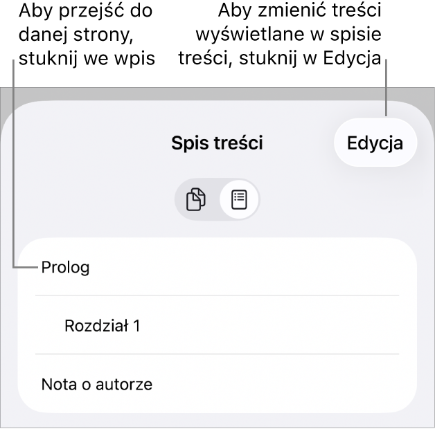 Widok spisu treści zawierający listę nagłówków. W prawym górnym rogu widoczny jest przycisk Edycja. Na dole znajdują się przyciski Miniaturki stron oraz Spis treści.