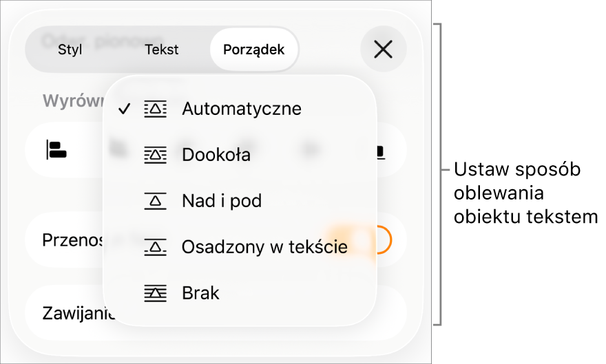 Narzędzia oblewania tekstem z ustawieniami: Automatyczne, Dookoła, Nad i pod, Osadzony w tekście oraz Brak.